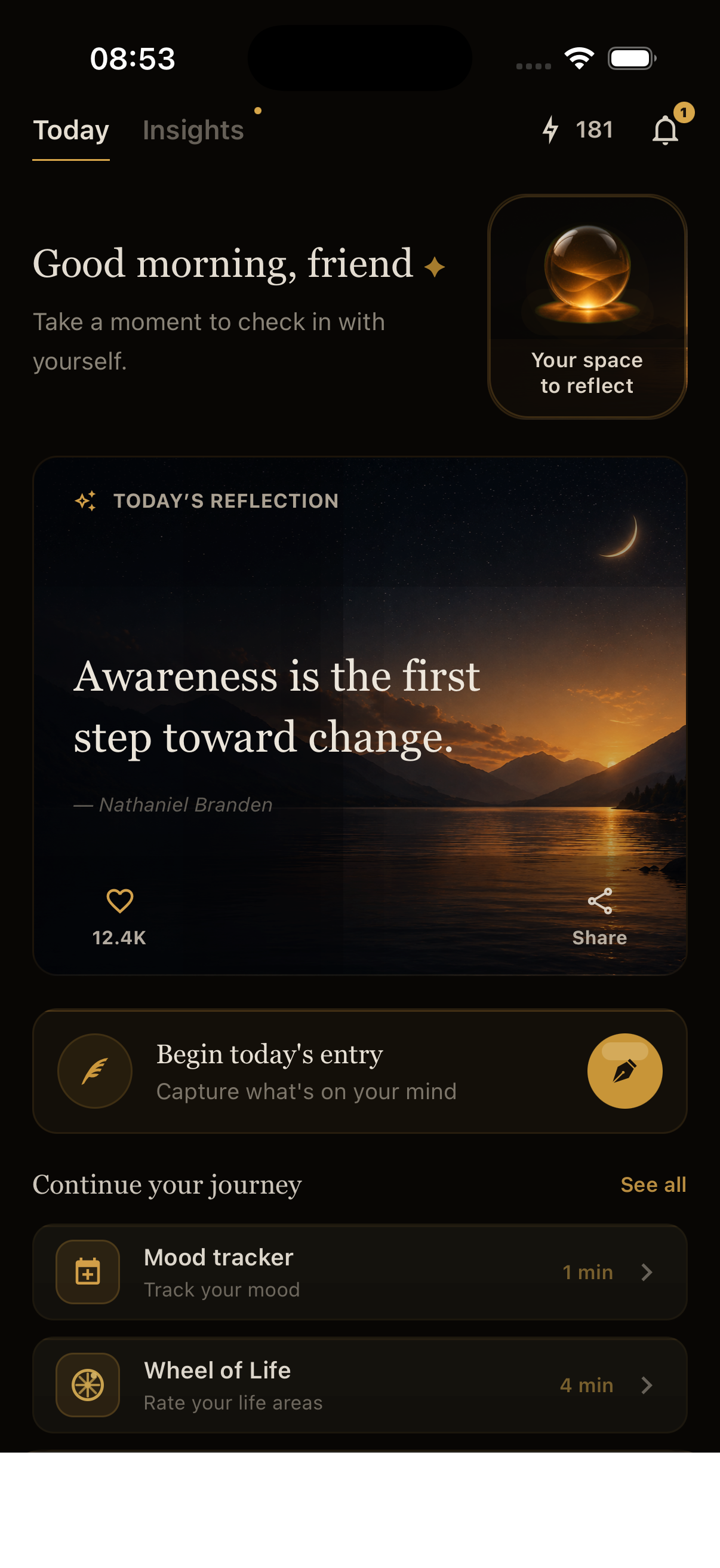 Home screen — morning check-in prompt
