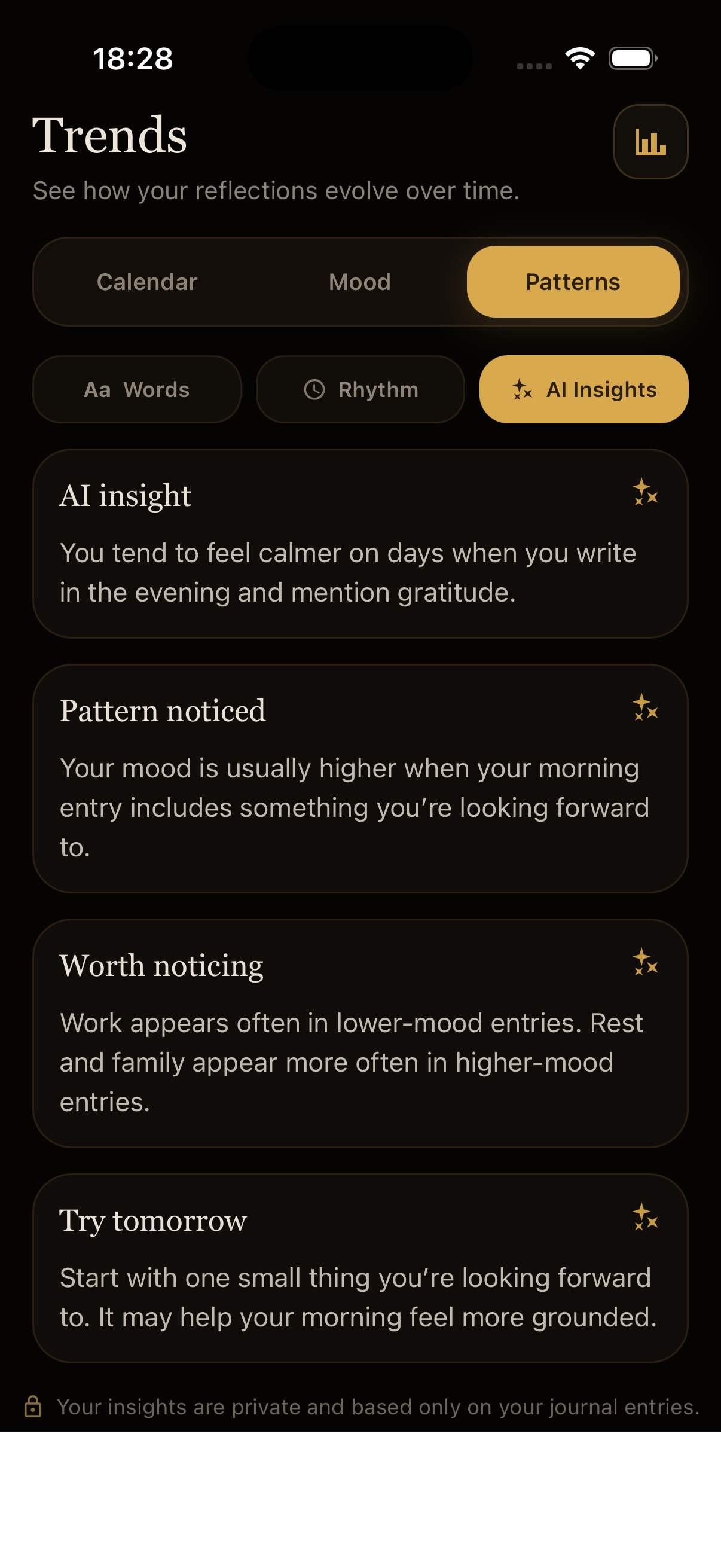 AI insights — pattern detection cards with personal observations