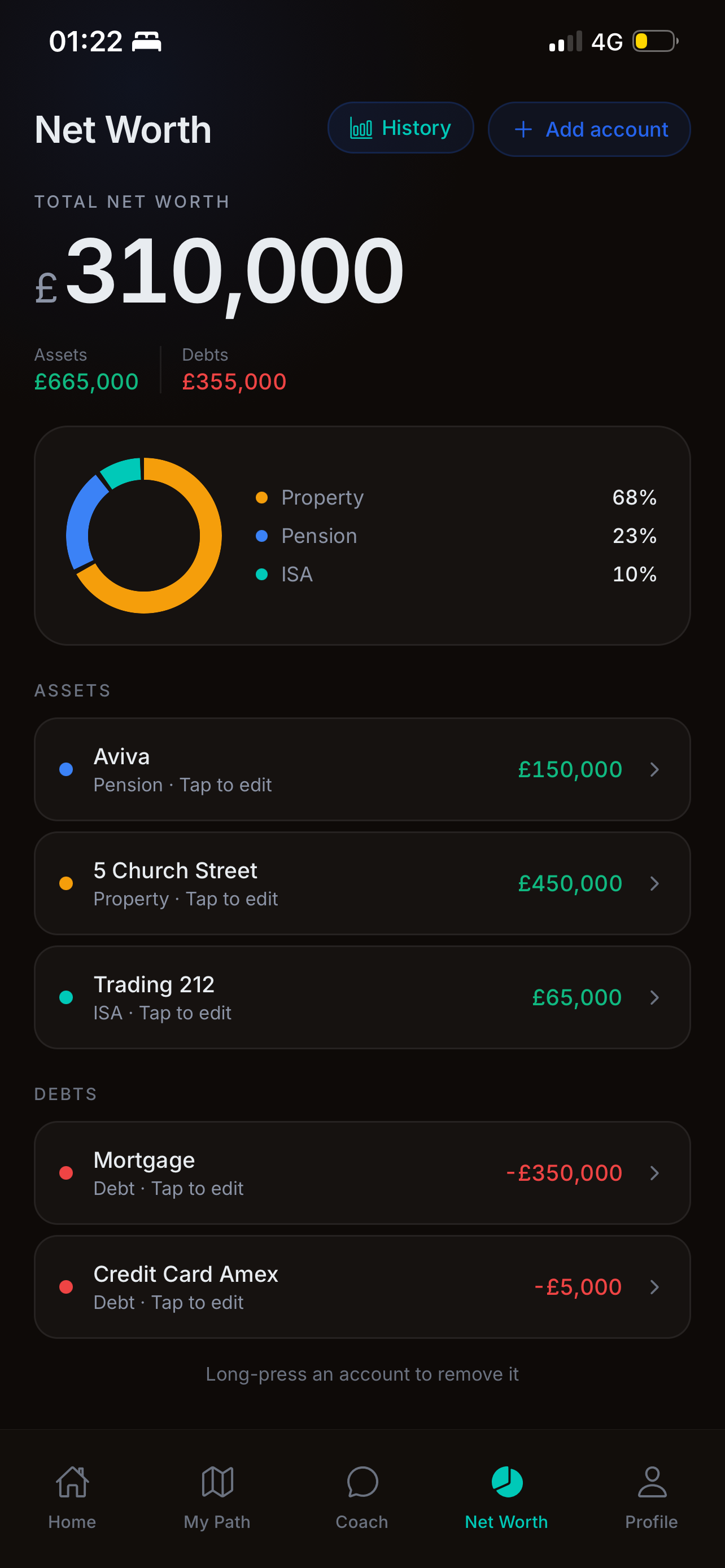 WealthPocket net worth screen